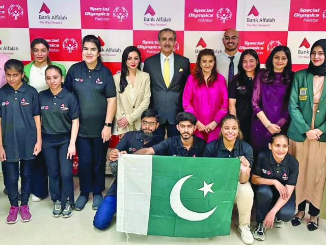 pakistan s athletes who will represent the country in special olympics world winter games 2025 in turin are seen with the sop and bank alfalah officials at the ceremony photo sop pakistan s athletes who will represent the country in special olympics world winter games 2025 in turin are seen with the sop and bank alfalah officials at the ceremony photo sop