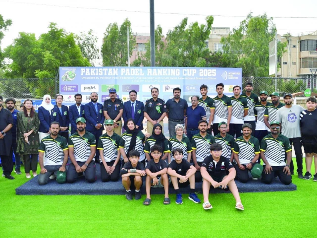 participating players of the pakistan padel ranking cup 2025 are seen with chief guest dig traffic police syed pir muhammad shah dr asad ishaque and top ppf officials mohammad mateen mudassar razak and others at sport on clifton on friday evening photo ppf participating players of the pakistan padel ranking cup 2025 are seen with chief guest dig traffic police syed pir muhammad shah dr asad ishaque and top ppf officials mohammad mateen mudassar razak and others at sport on clifton on friday evening photo ppf