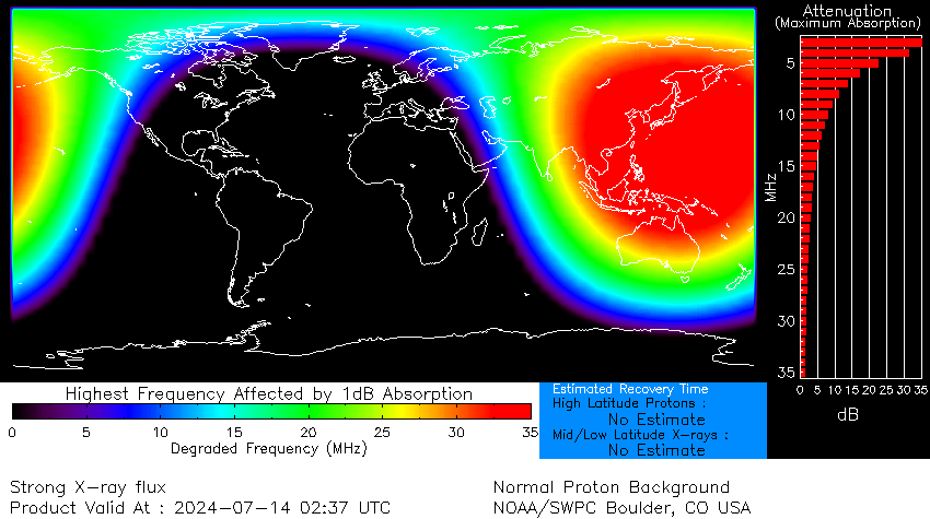Shortwave radio blackouts across Southeast Asia, Australia and Japan. Image credit: NOAA