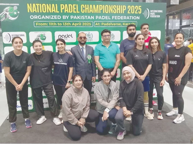 at the inauguration of first ever national padel championship in karachi ppf president mohammad mateen and senior vice president mudassar arain are seen with the women participants on friday photo ppf at the inauguration of first ever national padel championship in karachi ppf president mohammad mateen and senior vice president mudassar arain are seen with the women participants on friday photo ppf