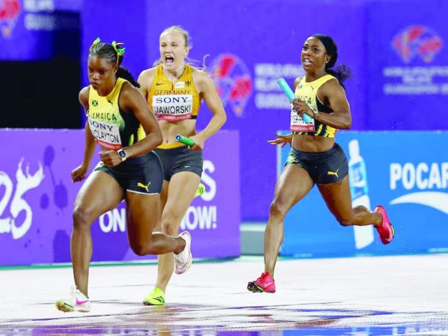 jamaica s shelly ann fraser pryce and tia clayton germany s nele jaworski in action during the women s 4x100 metres relay at guangdong olympic stadium photo reuters jamaica s shelly ann fraser pryce and tia clayton germany s nele jaworski in action during the women s 4x100 metres relay at guangdong olympic stadium photo reuters