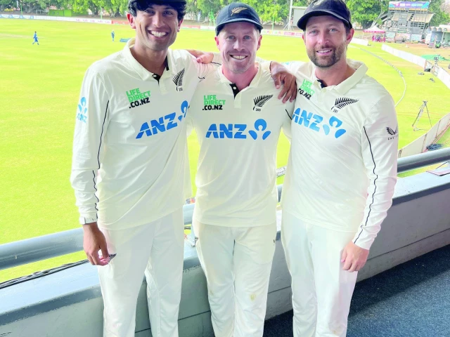 rachin ravindra henry nicholls and devon conway pose for a picture after creating history with a test innings featuring three 150 scores for new zealand photo official blackcaps x com page rachin ravindra henry nicholls and devon conway pose for a picture after creating history with a test innings featuring three 150 scores for new zealand photo official blackcaps x com page