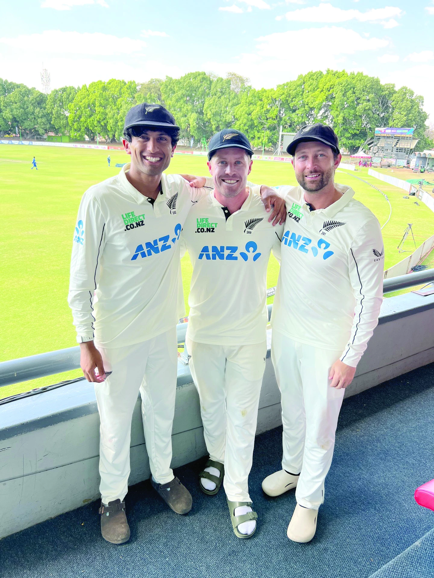 rachin ravindra henry nicholls and devon conway pose for a picture after creating history with a test innings featuring three 150 scores for new zealand photo official blackcaps x com page