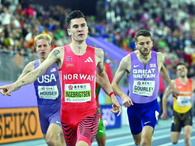 norway s jakob ingebrigtsen celebrates after winning the men s 1500m final during the world athletics indoor championships at nanjing youth olympic sports park on march 23 photo reuters norway s jakob ingebrigtsen celebrates after winning the men s 1500m final during the world athletics indoor championships at nanjing youth olympic sports park on march 23 photo reuters