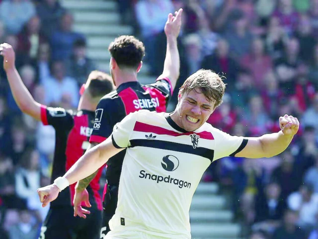 manchester united s rasmus hojlund celebrates scoring their first goal against afc bournemouth during the premier league match at vitality stadium bournemouth on april 27 photo reuters manchester united s rasmus hojlund celebrates scoring their first goal against afc bournemouth during the premier league match at vitality stadium bournemouth on april 27 photo reuters