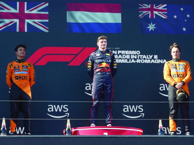 max verstappen celebrates on the podium after winning emilia romagna grand prix with second placed mclaren s lando norris and third placed mclaren s oscar piastri photo reuters max verstappen celebrates on the podium after winning emilia romagna grand prix with second placed mclaren s lando norris and third placed mclaren s oscar piastri photo reuters