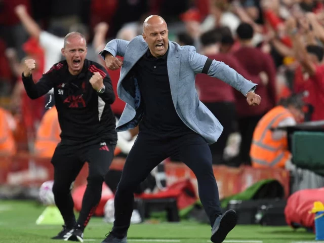 liverpool manager arne slot celebrates their third goal scored by federico chiesa in the epl season opener reuters