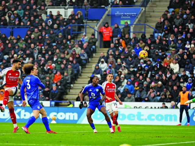 arsenal s mikel merino scores their first goal past leicester city s mads hermansen at king power stadium on february 15 photo reuters arsenal s mikel merino scores their first goal past leicester city s mads hermansen at king power stadium on february 15 photo reuters