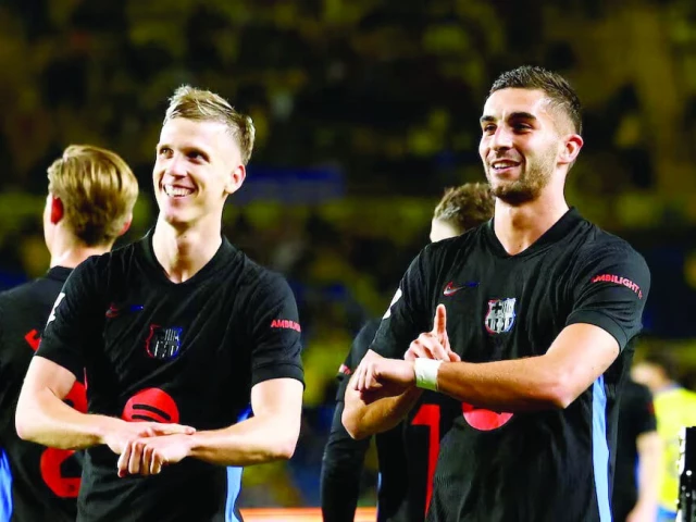 fc barcelona s ferran torres celebrates scoring their second goal with dani olmo during their la liga match with las palmas at estadio gran canaria las palmas on february 22 photo reuters fc barcelona s ferran torres celebrates scoring their second goal with dani olmo during their la liga match with las palmas at estadio gran canaria las palmas on february 22 photo reuters