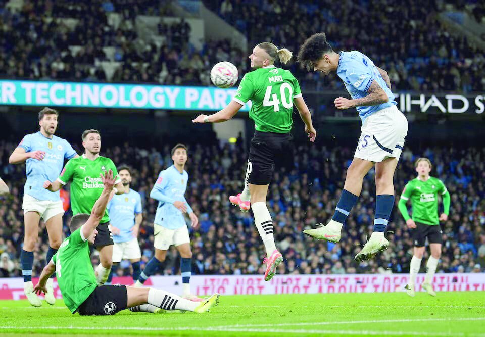 manchester city s nico o reilly scores their second goal during the fa cup fifth round match with plymouth argyle at etihad stadium manchester on march 1 photo reuters