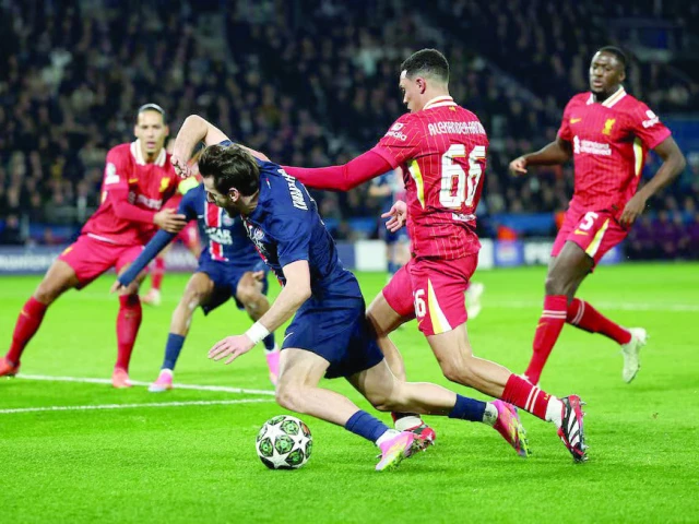 paris st germain s khvicha kvaratskhelia in action with liverpool s trent alexander arnold during the champions league round of 16 first leg match at parc des princes paris on march 5 photo reuters paris st germain s khvicha kvaratskhelia in action with liverpool s trent alexander arnold during the champions league round of 16 first leg match at parc des princes paris on march 5 photo reuters