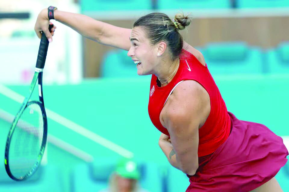 aryna sabalenka serves against viktoriya tomova bulgaria not pictured on day three of the miami open at hard rock stadium on mar 20 photo geoff burke