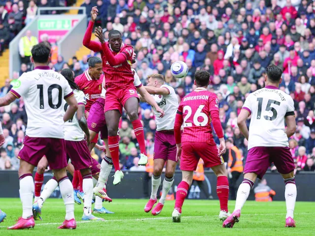 liverpool s virgil van dijk scores their second goal in the premier league match against west ham united at anfield liverpool on april 13 photo reuters liverpool s virgil van dijk scores their second goal in the premier league match against west ham united at anfield liverpool on april 13 photo reuters