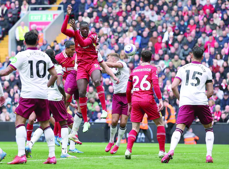 liverpool s virgil van dijk scores their second goal in the premier league match against west ham united at anfield liverpool on april 13 photo reuters liverpool s virgil van dijk scores their second goal in the premier league match against west ham united at anfield liverpool on april 13 photo reuters