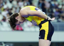 armand duplantis celebrates after winning the men s pole vault final at the athletics diamond league shanghai   shaoxing at china textile city sports centre on may 3 photo reuters