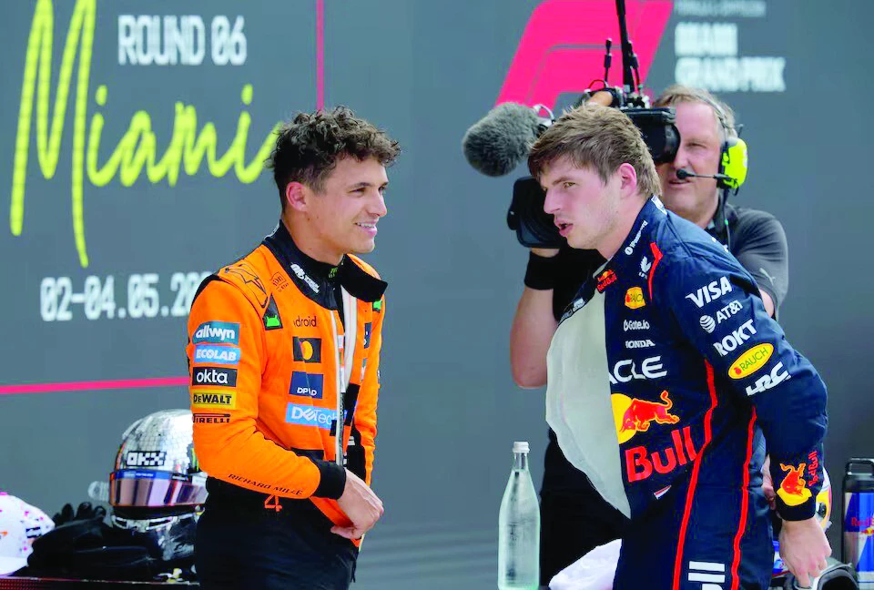 the pole position went to red bull s max verstappen r with mclaren s lando norris l second after qualifying round of formula one miami grand prix at miami international autodrome photo reuters the pole position went to red bull s max verstappen r with mclaren s lando norris l second after qualifying round of formula one miami grand prix at miami international autodrome photo reuters