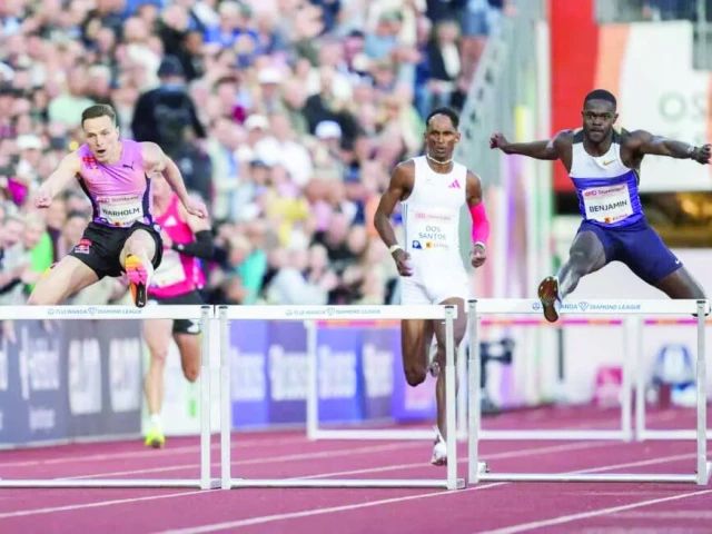 from l norway s karsten warholm brazil s alison dos santos and american rai benjamin compete in the men s 300m hurdles in oslo photo afp from l norway s karsten warholm brazil s alison dos santos and american rai benjamin compete in the men s 300m hurdles in oslo photo afp