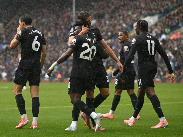 tottenham hotspur s mohammed kudus c celebrates with teammates after scoring their second goal during the english premier league football match against leeds united photo afp