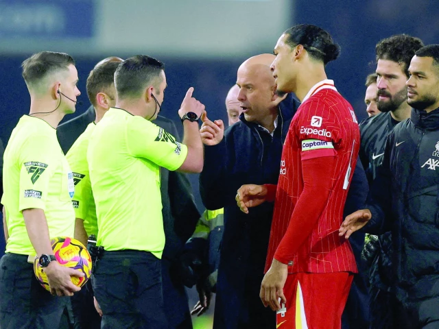 liverpool manager arne slot remonstrates with referee michael oliver after the match before being sent off photo reuters liverpool manager arne slot remonstrates with referee michael oliver after the match before being sent off photo reuters