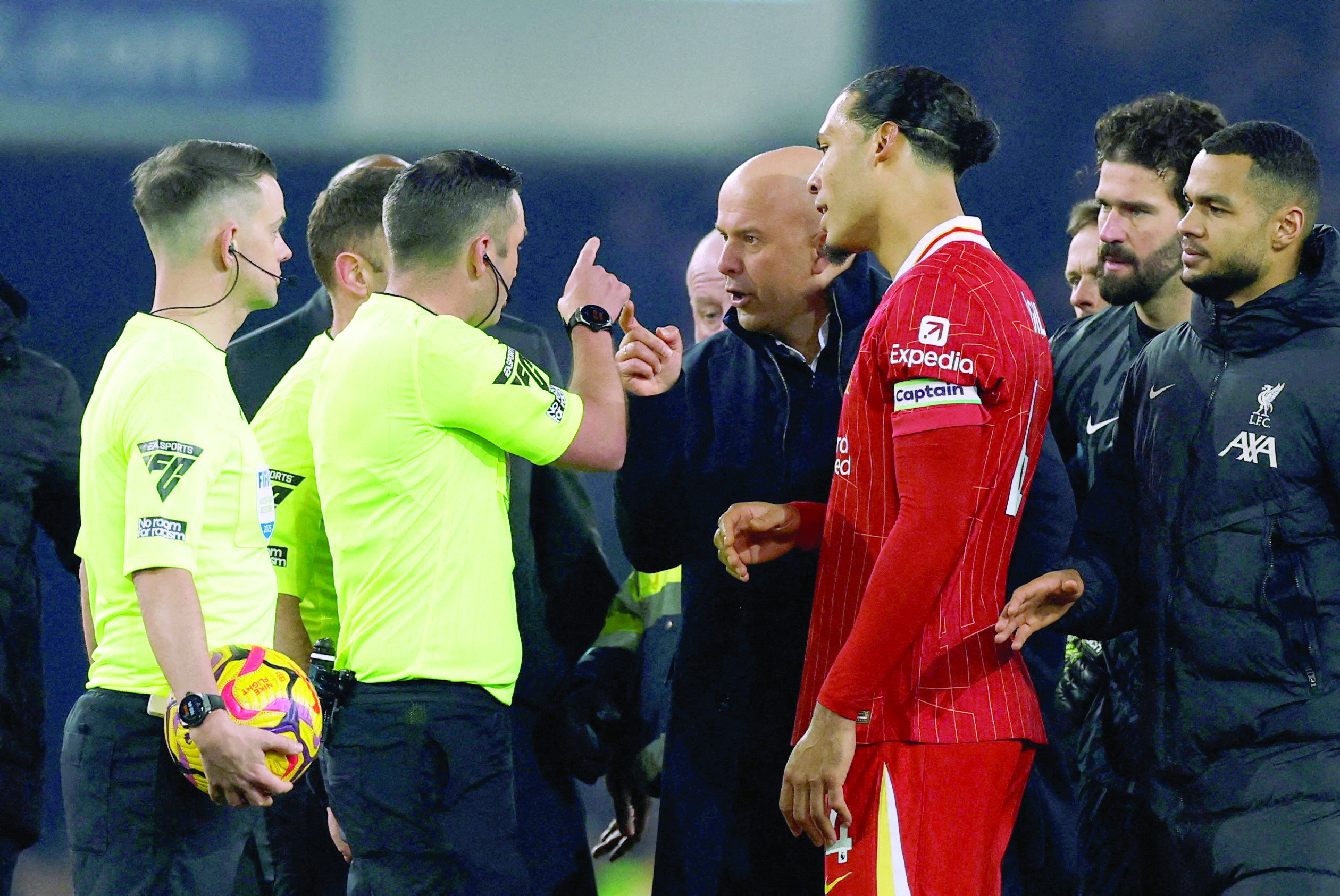 liverpool manager arne slot remonstrates with referee michael oliver after the match before being sent off photo reuters