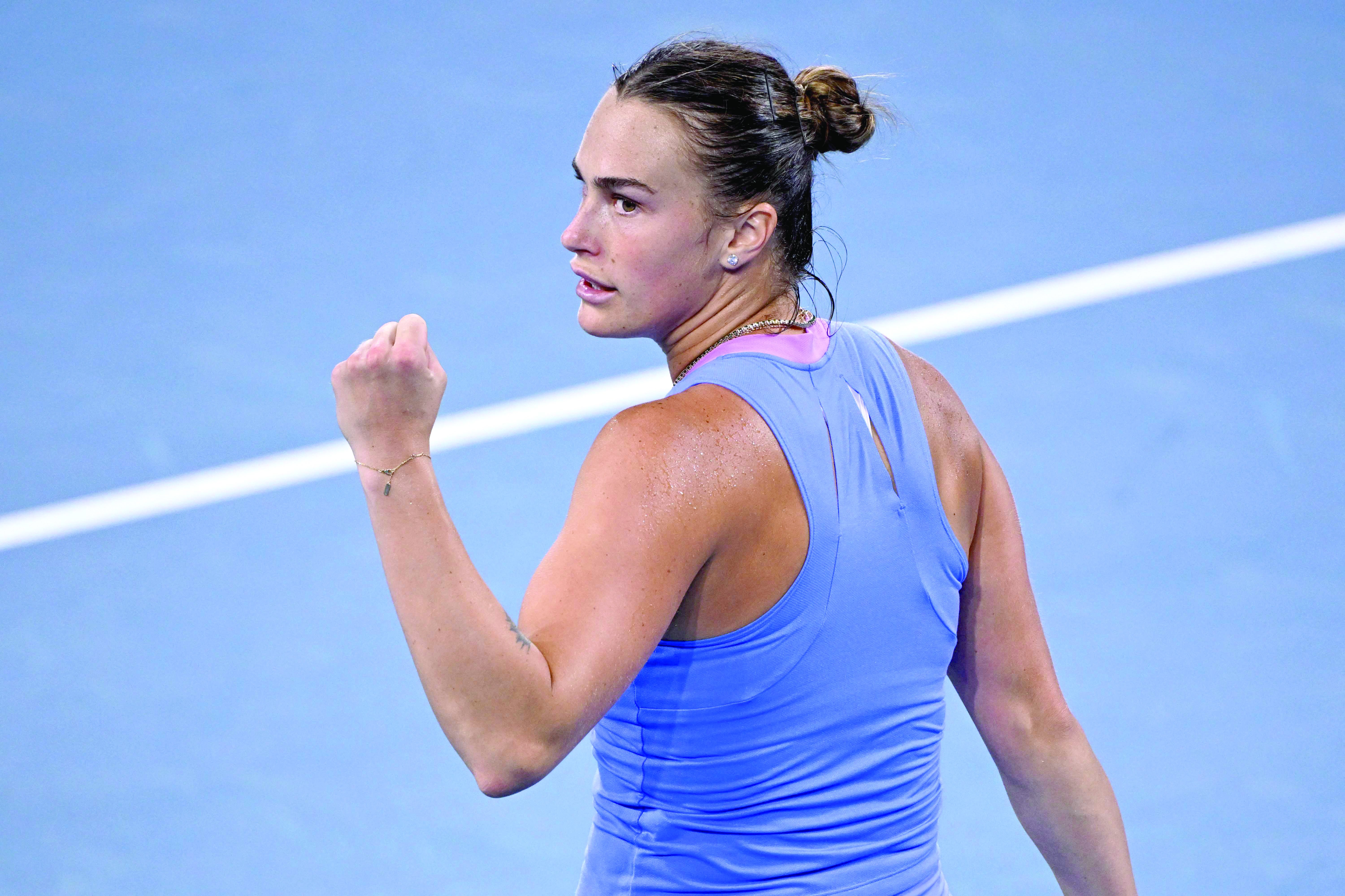 belarus aryna sabalenka celebrates winning her women s singles semi final match against russia s mirra andreeva at the brisbane international tennis tournament photo afp