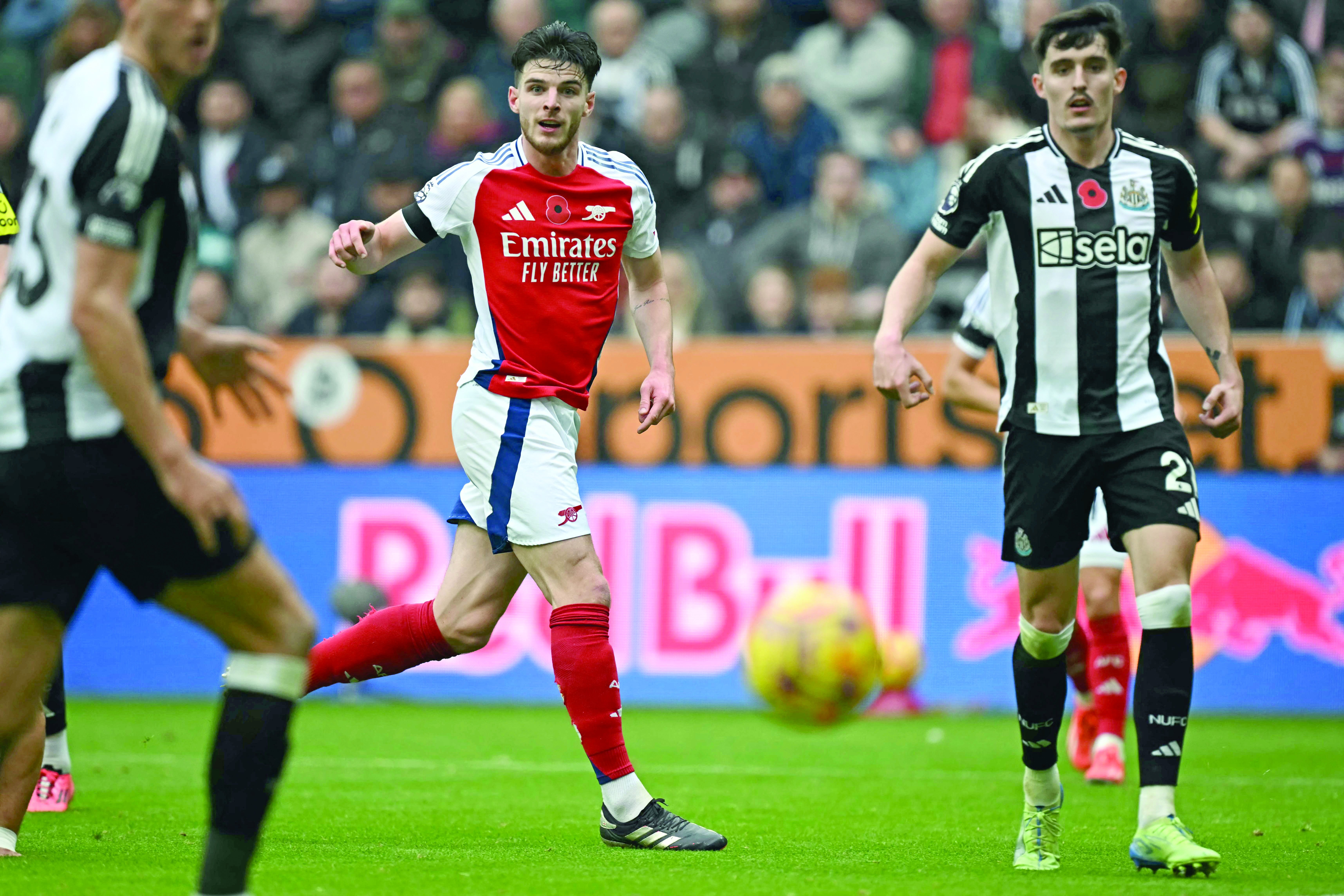 arsenal s declan rice c watches his attempt go wide of the post during the english premier league football match against newcastle united at st james park in newcastle upon tyne photo afp