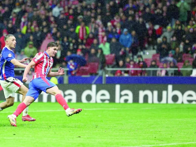 atletico madrid s julian alvarez scores their goal during la liga match against athletic bilbao at metropolitano madrid on march 1 photo reuters atletico madrid s julian alvarez scores their goal during la liga match against athletic bilbao at metropolitano madrid on march 1 photo reuters