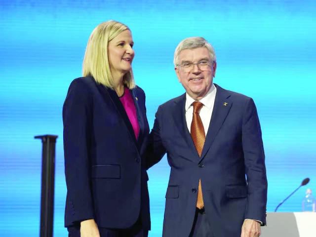 thomas bach with kirsty coventry as she is elected the new president of the international olympic committee ioc at the 144th ioc session in costa navarino greece photo reuters