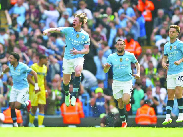 manchester city s kevin de bruyne celebrates scoring their first goal during the premier league match with crystal palace at etihad stadium manchester on april 12 photo reuters manchester city s kevin de bruyne celebrates scoring their first goal during the premier league match with crystal palace at etihad stadium manchester on april 12 photo reuters