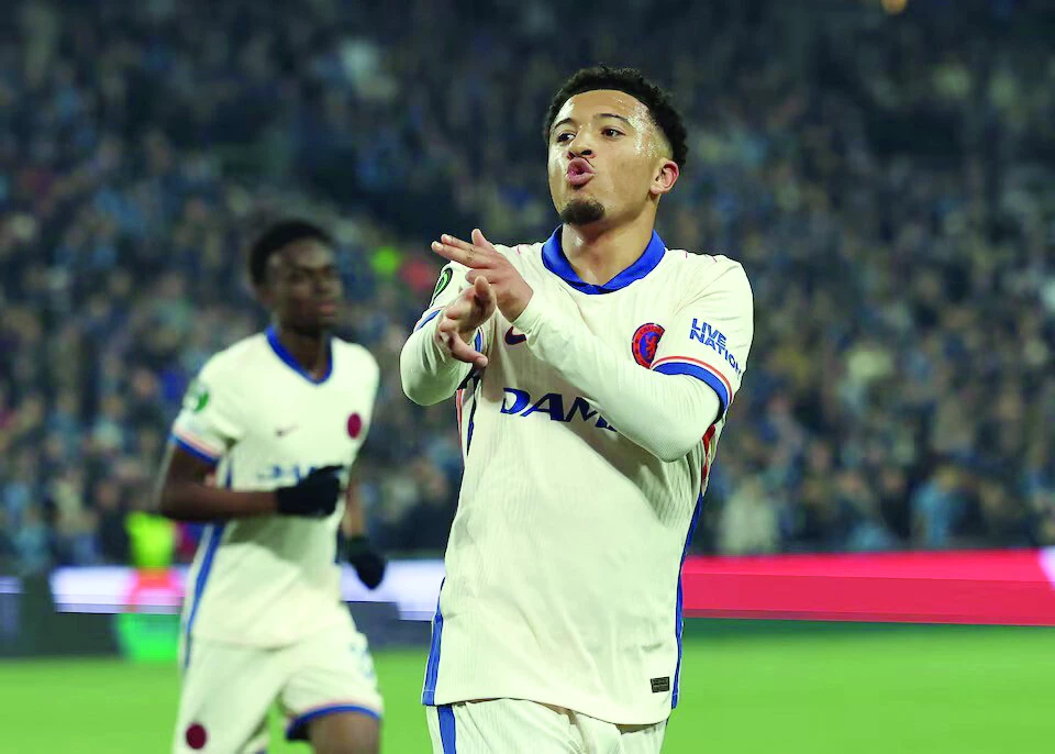 chelsea s jadon sancho celebrates scoring their first goal during the first leg of the conference league semi final against djurgarden on may 1 at 3arena stockholm photo reuters chelsea s jadon sancho celebrates scoring their first goal during the first leg of the conference league semi final against djurgarden on may 1 at 3arena stockholm photo reuters