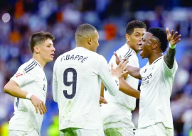 real madrid s kylian mbappe celebrates scoring their second goal with teammates jude bellingham arda guler and vinicius junior during laliga match with celta vigo on may 4 photo reuters
