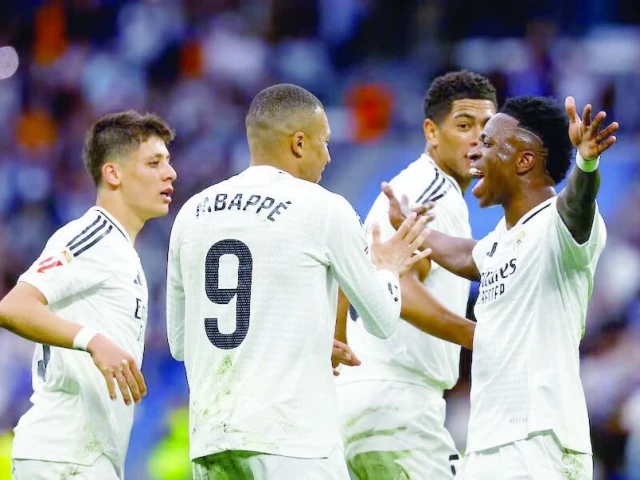 real madrid s kylian mbappe celebrates scoring their second goal with teammates jude bellingham arda guler and vinicius junior during laliga match with celta vigo on may 4 photo reuters real madrid s kylian mbappe celebrates scoring their second goal with teammates jude bellingham arda guler and vinicius junior during laliga match with celta vigo on may 4 photo reuters