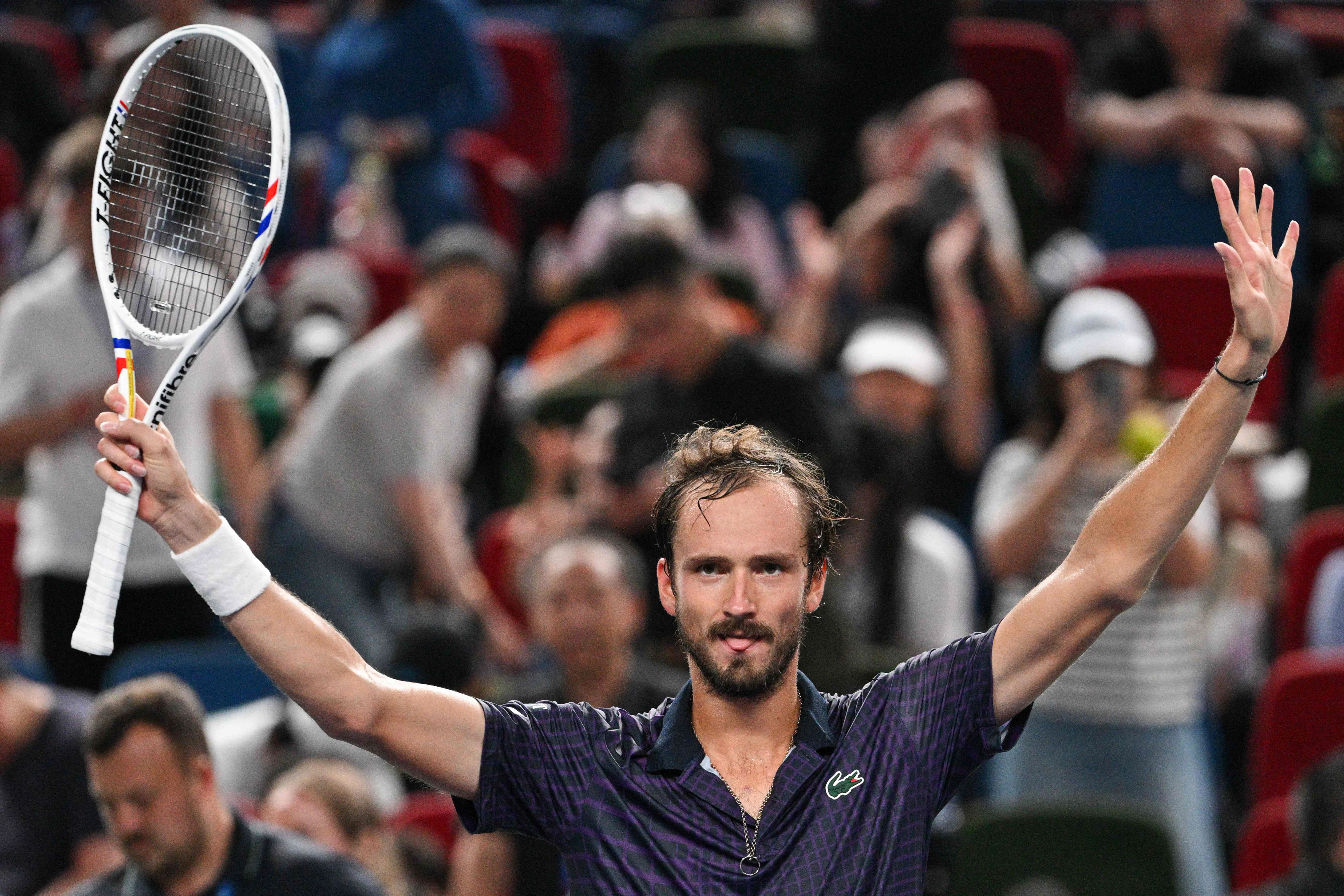 daniil medvedev celebrates beating australia s alex de minaur in their shanghai masters quarterfinal photo afp