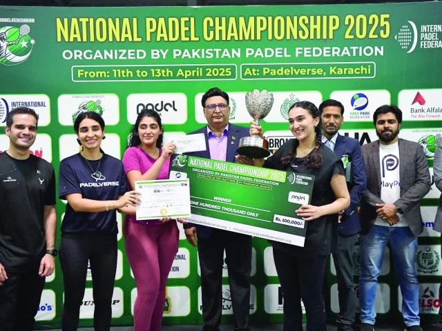 senior vice president of the pakistan padel federation mudassar razak arain presents the trophy cash prize and certificates to women s final winners saba taba and natalia zaman during the national padel championship 2025 at padel verse on sunday photo courtesy organisers senior vice president of the pakistan padel federation mudassar razak arain presents the trophy cash prize and certificates to women s final winners saba taba and natalia zaman during the national padel championship 2025 at padel verse on sunday photo courtesy organisers
