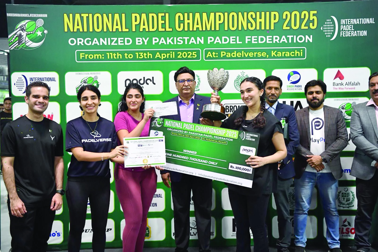 senior vice president of the pakistan padel federation mudassar razak arain presents the trophy cash prize and certificates to women s final winners saba taba and natalia zaman during the national padel championship 2025 at padel verse on sunday photo courtesy organisers senior vice president of the pakistan padel federation mudassar razak arain presents the trophy cash prize and certificates to women s final winners saba taba and natalia zaman during the national padel championship 2025 at padel verse on sunday photo courtesy organisers