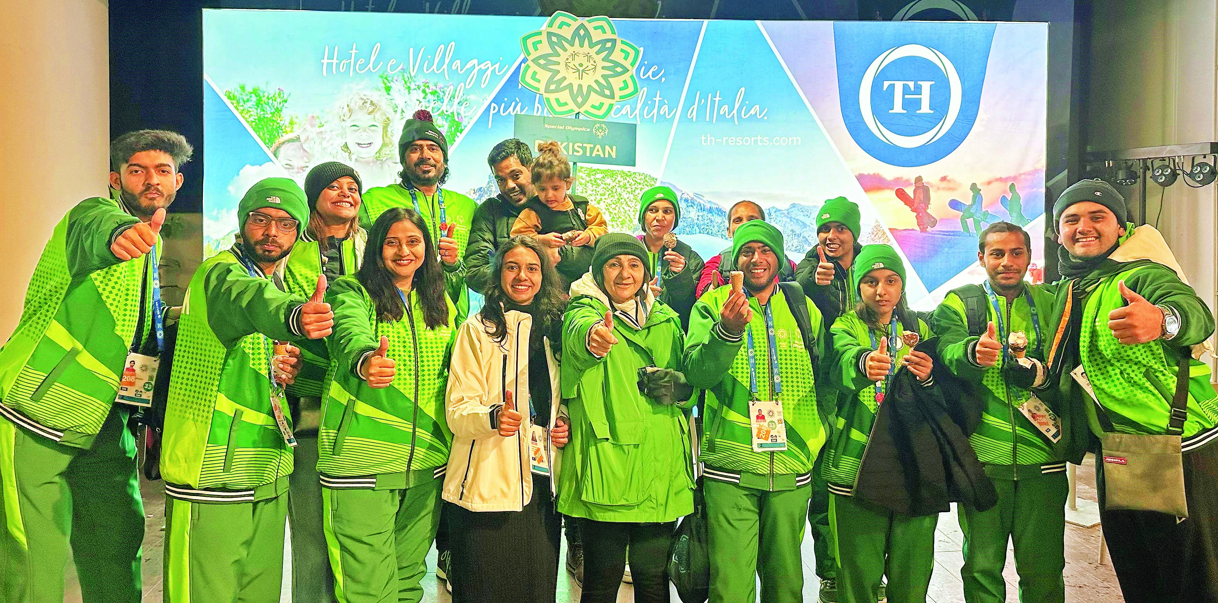 the special olympics pakistan contingent along with chairperson ronak lakhani at the special olympics world winter games closing ceremony in turin italy photo credit sop the special olympics pakistan contingent along with chairperson ronak lakhani at the special olympics world winter games closing ceremony in turin italy photo credit sop