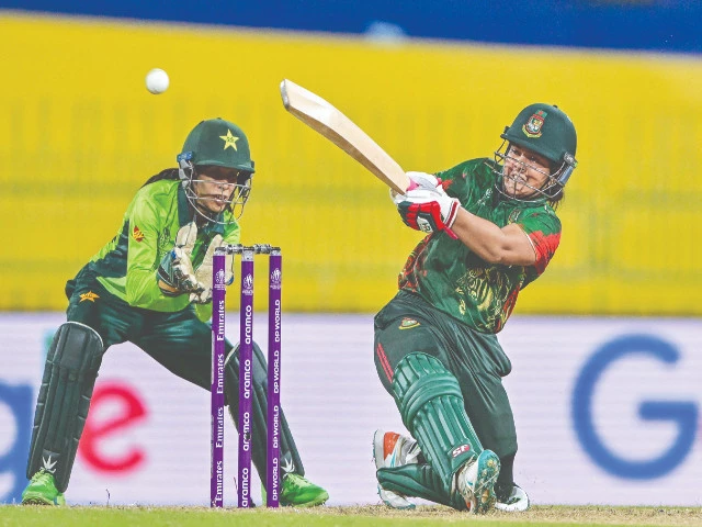bangladesh s rubya haider plays a shot during the icc women s cricket world cup 2025 odi match at the r premadasa international cricket stadium in colombo photo afp
