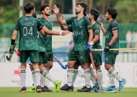 pakistan hockey team players celebrate after scoring during their emphatic 7 2 win over malaysia in the sultan of johor cup match held in johor bahru on saturday photo x pakistan hockey team players celebrate after scoring during their emphatic 7 2 win over malaysia in the sultan of johor cup match held in johor bahru on saturday photo x
