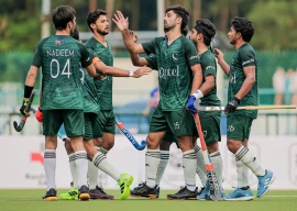 pakistan hockey team players celebrate after scoring during their emphatic 7 2 win over malaysia in the sultan of johor cup match held in johor bahru on saturday photo x