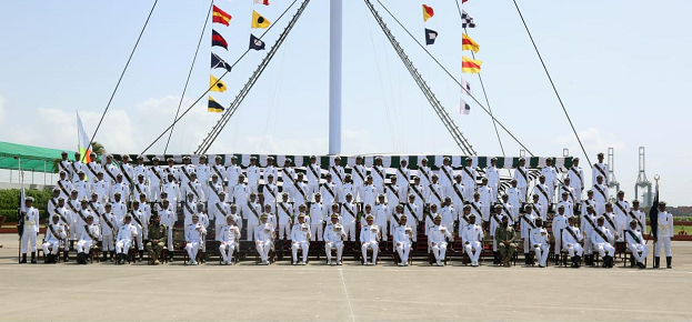 Commander Pakistan Fleet Vice Admiral Asif Khaliq in a group photo with midshipmen and SSC cadets. PHOTO: PAKISTAN NAVY