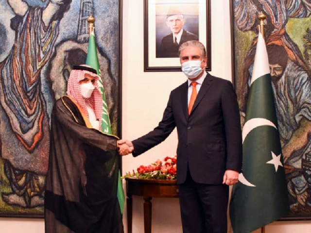 foreign minister shah mehmood qureshi r with his saudi counterpart prince faisal bin farhan al saud in islamabad on july 27 2021 photo mofa foreign minister shah mehmood qureshi r with his saudi counterpart prince faisal bin farhan al saud in islamabad on july 27 2021 photo mofa