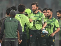 pakistan s captain shaheen shah afridi c celebrates with teammates at the end of the first one day international odi cricket match against south africa at the iqbal stadium in faisalabad on november 4 photo afp pakistan s captain shaheen shah afridi c celebrates with teammates at the end of the first one day international odi cricket match against south africa at the iqbal stadium in faisalabad on november 4 photo afp