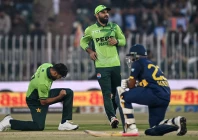 pakistan s haris rauf l celebrates after taking the wicket of sri lanka s sadeera samarawickrama r during the second one day international match photo afp