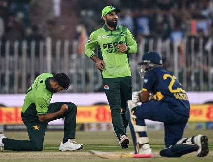pakistan s haris rauf l celebrates after taking the wicket of sri lanka s sadeera samarawickrama r during the second one day international match photo afp