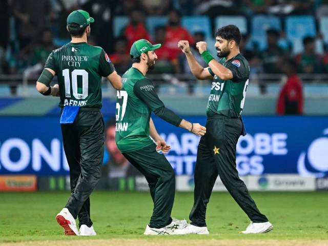 pakistan s haris rauf r celebrates with teammates after dismissing bangladesh s taskin ahmed during the asia cup 2025 super four twenty20 international match at the dubai international stadium photo afp