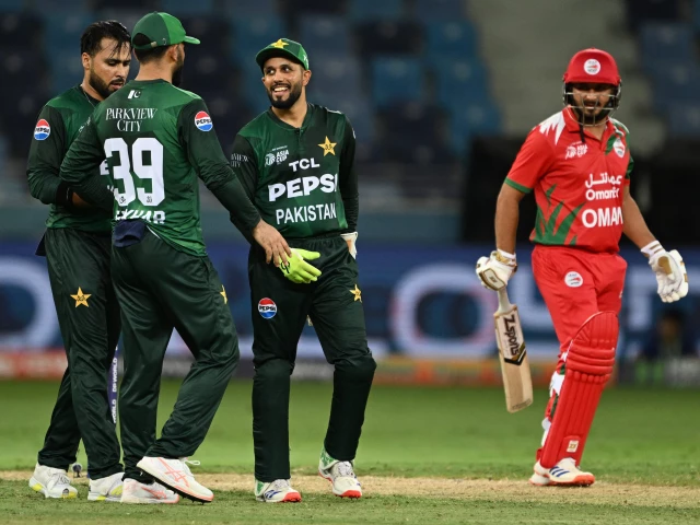 pakistan s team player celebrates the dismissal of oman s zikria islam r during the asia cup 2025 twenty20 international cricket match between oman and pakistan at the dubai international stadium in dubai on september 12 2025 photo afp pakistan s team player celebrates the dismissal of oman s zikria islam r during the asia cup 2025 twenty20 international cricket match between oman and pakistan at the dubai international stadium in dubai on september 12 2025 photo afp