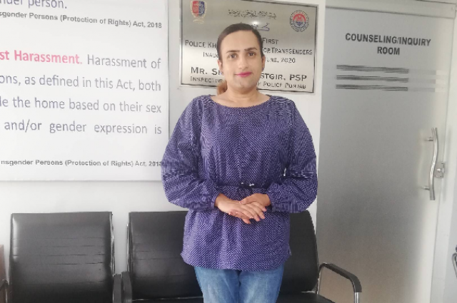 reem sharif pakistan s first transgender police officer poses for a photo at her workplace in punjab pakistan on july 1 2020 photo reuters