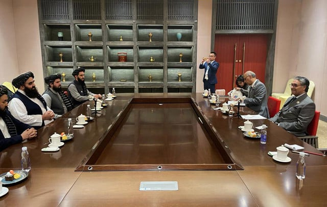 fm jalil abbas jilani meets afghan acting fm amir khan muttaqi in tibet china on thursday october 5 2023 photo mofa fm jalil abbas jilani meets afghan acting fm amir khan muttaqi in tibet china on thursday october 5 2023 photo mofa