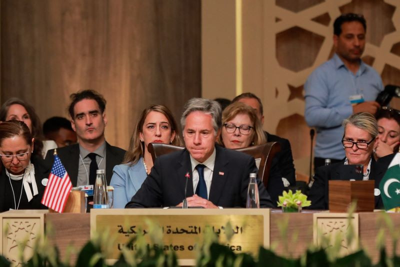 us secretary of state antony blinken attends a plenary session during the call for action urgent humanitarian response for gaza conference at the dead sea in jordan on june 11 2024 jordan hosted a summit on june 11 bringing together leaders and aid officials to discuss urgent humanitarian response for palestinians enduring more than eight months of devastating war in the gaza strip where the united nations has warned of looming famine photo afp