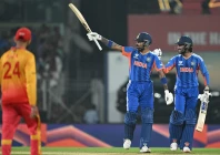 ndia s hardik pandya c celebrates after scoring his half century 50 runs as teammate tilak varma r looks on during the 2026 icc men s t20 cricket world cup super eights match between india and zimbabwe at the ma chidambaram stadium in chennai on february 26 2026 photo afp